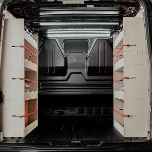 Rear van view of the Ford Transit Custom 2023- L1 NS and OS Rear Racking and Shelving (Pair)