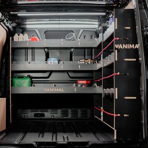 Rear van view of the VW Transporter T7 SWB Hexaboard OS Rear Van Racking and Bulkhead/Front RH L-Rack