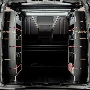 Rear van view of the Transit Custom 2023- LWB Hexaboard NS and OS Rear Van Racking