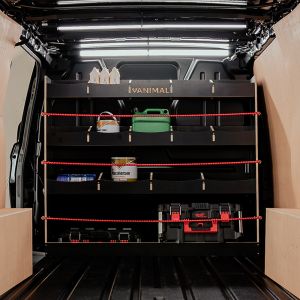 Rear van view of the VW Transporter T7 Hexaboard Full-Width Bulkhead Van Racking