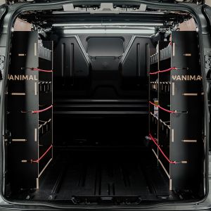 Rear van view of the Transit Custom 2023- LWB Hexaboard Triple Ply Van Racking Pack