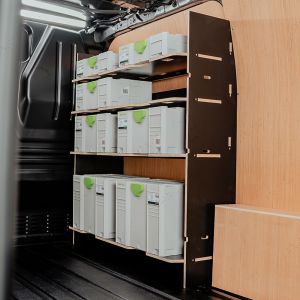 Side angle view of the Transit Custom 2023- Hexaboard Front Festool Systainer Shelving Rack