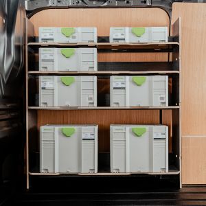 Side van view of the VW Transporter T7 Hexaboard Front Festool Systainer Shelving Rack