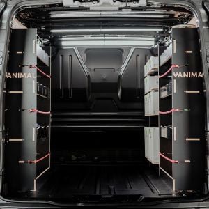Rear van view of the Ford Transit Custom 2012-2023 LWB Hexaboard XXL Triple Racking Pack inc x4 Festool Shelves