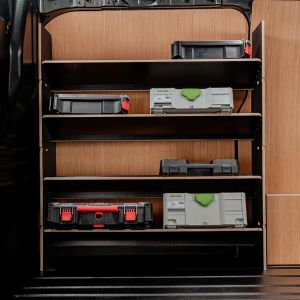 Side van view of the VW Transporter T7 Hexaboard Front Toolbox Van Racking with x4 Shelves