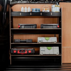 Side van view of the VW Transporter T7 Hexaboard Front Toolbox Van Racking with x3 Shelves