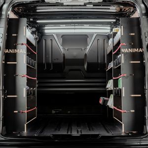 Rear van view of the Ford Transit Custom 2023- LWB Hexaboard Triple Ply Van Racking Pack inc x3 Toolbox Shelves