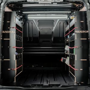 Rear van view of the Ford Transit Custom 2023- LWB Hexaboard Triple Ply Van Racking Pack inc x2 Toolbox Shelves