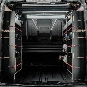 Rear van view of the VW Transporter T7 LWB Hexaboard Triple Van Racking Pack inc x2 Toolbox Shelves