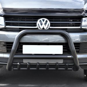 Close-up front view of of VW Transporter T6 Black Front A-Bar with Axle Bars