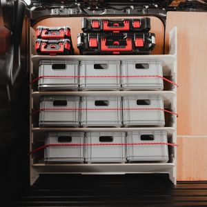 Side van view of the Transit Custom 2012-2023 Adjustable Front Toolbox Shelving Rack