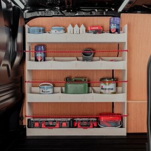 Side van view of the Peugeot Expert 2016- Front Racking and Shelving displaying equipment, tools and boxes