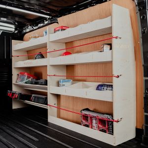 Rear van side angle view of the Peugeot Expert 2016- SWB Full Driver Side with Front Toolbox/Compartments Ply Racking