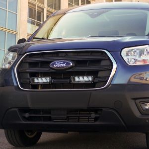 Close-up view of the Lazer Lamps Triple-R 750 LED Grille Integration Kit fitted on the Ford Transit Mk8 (2018-) 