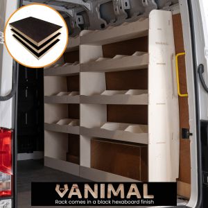 Side angle view of the Mercedes Sprinter 2006- MWB Hexaboard Driver Side Van Racking (Multi-Compartment)
