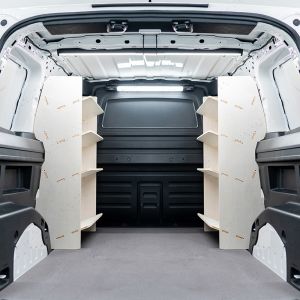Rear van view of the VW ID Buzz Cargo Double Front Angled-In Toolbox Shelving Van Racking