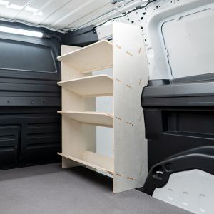 Close-up rear side angle van view of the VW ID Buzz Cargo OS Front x4 Angled-In Toolbox Shelves Van Racking