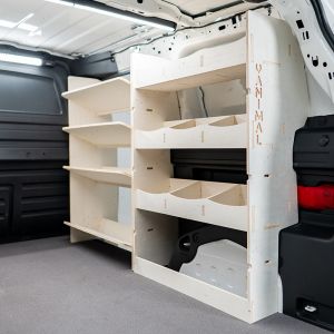 Rear van view of the VW ID Buzz Cargo OS Van Racking: Rear Compartment & Front Toolbox Shelves