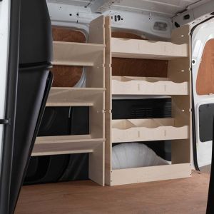 Side van view of the Fiat Doblo 2022- SWB Driver Side Racking with Front Toolbox Shelves