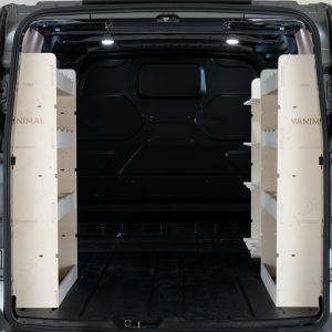 Rear van view of the Ford Transit Custom 2012-2023 L2 Triple Ply Racking and Shelving Pack