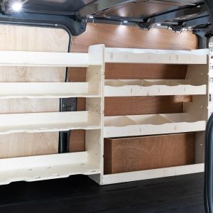 Side van view of the Ford Transit Custom 2012-2023 L2 Full Driver Side Racking and Shelving Units