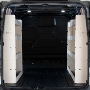 Rear van view of the Ford Transit Custom 2012-2023 L2 Triple Ply Racking and Shelving Pack XXL 