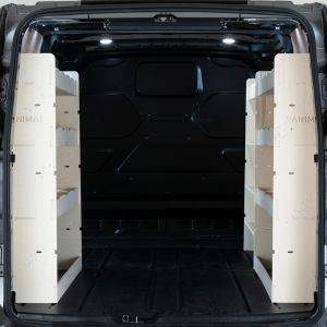 Rear van view of the Ford Transit Custom 2012-2023 L2 Triple Ply Racking and Shelving System 