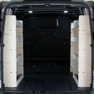 Rear van view of the Ford Transit Custom 2012-2023 L2 Triple Ply Racking and Shelving Pack