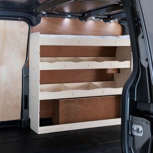 Transit Custom L2 LWB OS Rear Racking and Shelving Unit V2 side view in van