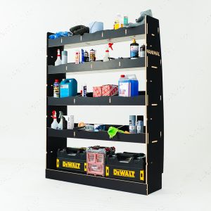 Side angle view of the MAN TGE 2017- MWB Hexaboard OS Rear Van Racking and Shelving Unit
