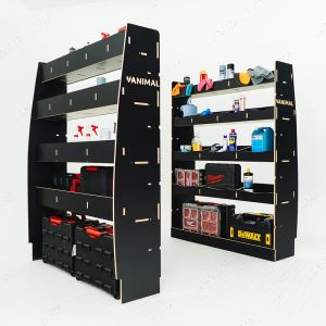 LH side angle view of the MAN TGE 2017- MWB Hexaboard NS and OS Rear Van Racking System (Pair) displayed with tools and equipment