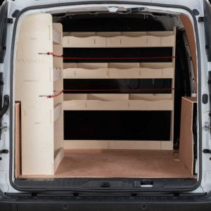 Rear van view of the Nissan NV250 LWB Rear NS and Full-Width Bulkhead Racking and Shelving