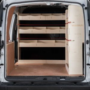 Rear van view of the Nissan NV250 LWB Rear OS and Full-Width Bulkhead Racking and Shelving