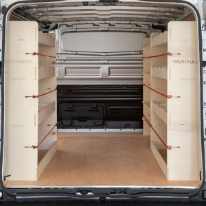 Rear van view of Fiat Talento 2016-2021 LWB Triple Van Racking System with x4 Toolbox Shelves