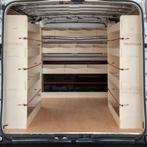 Rear van view of Renault Trafic LWB L2 2014- Double Rear and Full-Width Bulkhead Ply Racking (Triple Pack)