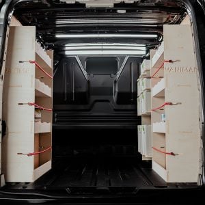 Rear van view of the Nissan Primastar 2001-2014 LWB Double Rear and Front Festool Ply Racking (Triple Pack)