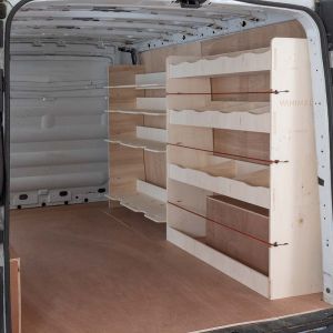 Nissan Primastar L2 Full Driver Side Ply Racking with Front Festool Shelving OS View