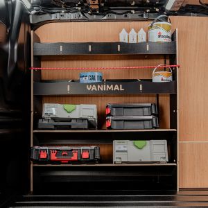 Side van view of the Toyota Proace 2016- Hexaboard Front Toolbox Racking with x2 Shelves