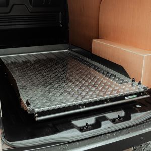 OS side view of the Transit Custom 2018-2023 ProTop Standard Load Bed Slide - Alloy Finish -  L1280mm x W1140mm