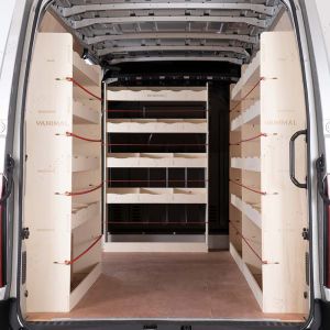 Rear van view of the Nissan NV400 (Interstar) 2011- MWB Double Rear, Front and Bulkhead Racking (4-Pack)