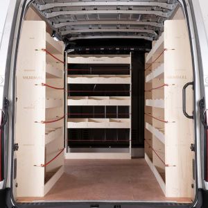 Rear van view of Vauxhall Movano MWB L2 Double Rear, Front and Bulkhead Racking (4 Pack)
