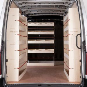 Rear van view of Nissan NV400 LWB L3 Double Rear and Bulkhead Ply Racking (Triple Pack)
