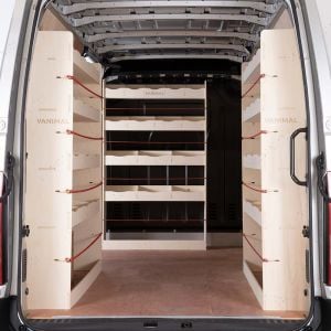 Rear van view of the Nissan NV400 (Interstar) 2011- LWB Double Rear and Bulkhead Ply Racking (Triple Pack)