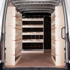 Rear van view of Vauxhall Movano LWB L3 Double Rear and Bulkhead Ply Racking (Triple Pack)

