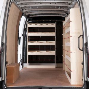 Rear van view of the Nissan NV400 (Interstar) 2011- LWB Full Driver Side Ply Racking with Toolbox and Bulkhead (Triple Pack)