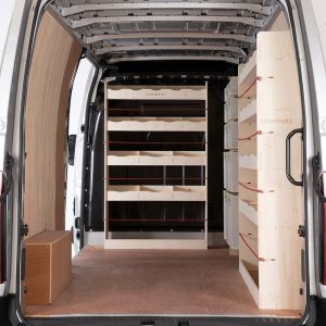 Rear van view of the Nissan NV400 (Interstar) 2011- LWB Full Driver Side Ply Racking with Front Festool and Bulkhead (Triple Pack)