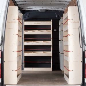 Rear van view of Mercedes Sprinter 2018- LWB Double Rear, Front Festool and Bulkhead Racking (4 Pack)