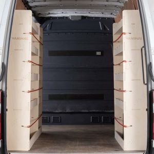 Rear van view of Mercedes Sprinter LWB L3 2006-2018 Double NS and Single OS Rear Racking (3 Pack)
