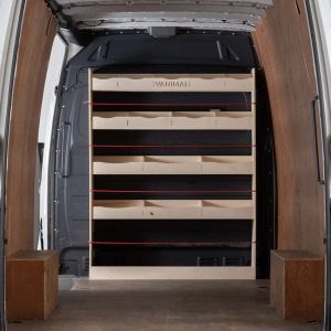 Front view of Mercedes Sprinter 2006-2018 Full-Width Bulkhead Racking and Shelving Unit