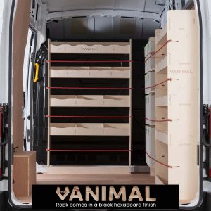 Rear van view of the Transit Mk8 LWB Hexaboard Full Driver Side Ply Racking with Front Festool and Bulkhead (Triple Pack)
